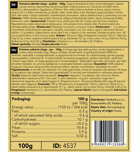 Prémiová čaga sibírska 100% prášok - 100g -