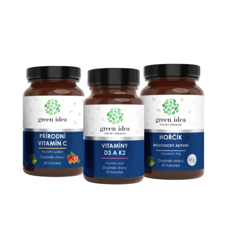 Zvýhodnený set Svaly, kosti a imunita: Horčík + Vitamíny D3 K2 + Vitamín C - Green idea Zvýhodnený set Svaly, kosti a imunita: Horčík + Vitamíny D3 K2 + Vitamín C - Green idea