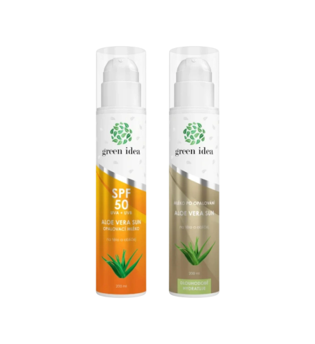 Zvýhodnený set na opaľovanie a po opaľovaní: Aloe vera Sun – opaľovacie mlieko SPF 50 + Aloe vera sun – mlieko po opaľovaní – Green idea Zvýhodnený set na opaľovanie a po opaľovaní: Aloe vera Sun – opaľovacie mlieko SPF 50 + Aloe vera sun – mlieko po opaľovaní – Green idea