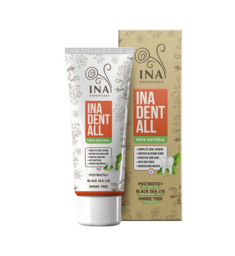 Dent-All - prírodná zubná pasta bez fluoridov so škumpou vlasatou, lúhom z čierneho mora a postbiotikami - 75 ml - INA Essentials